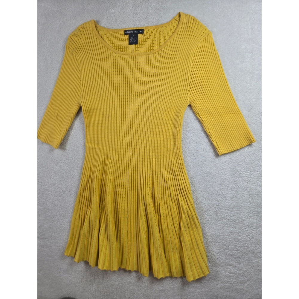 Chelsea & Theodore Yellow Ribbed Knit Fit & Flare Elbow Sleeve Top Small